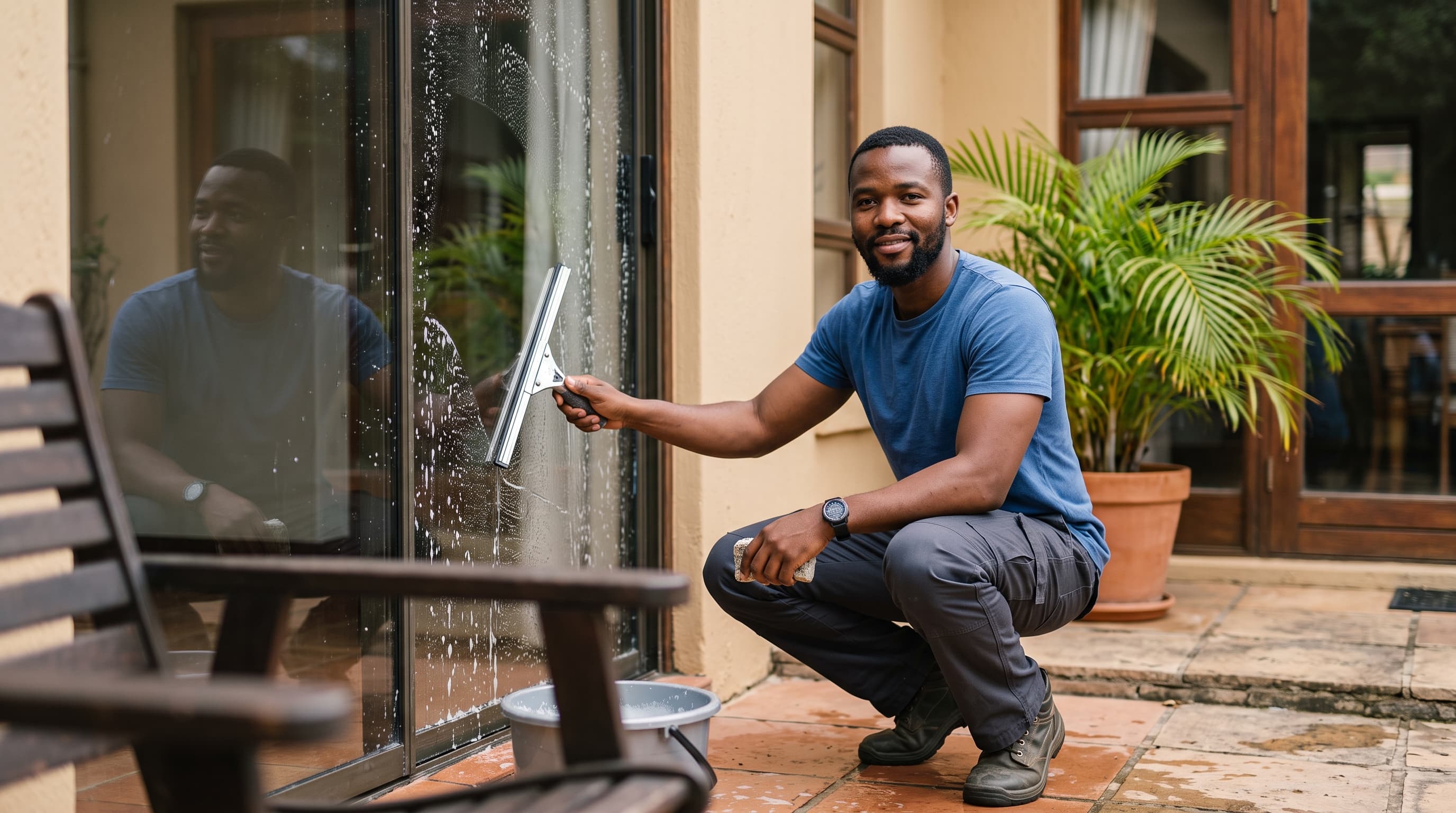A cleaner tidying a bright, modern living room